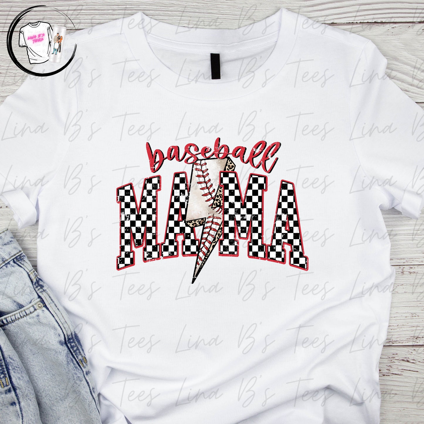 Baseball Mama- Checkered Lighting bolt